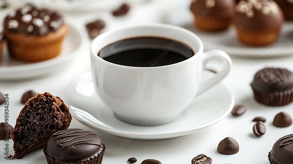 Poster cup of black coffee with chocolate cakes on white table the concept of breakfast flat lay top view :