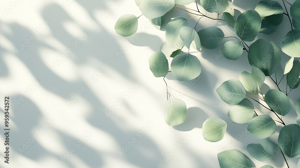 Poster Green eucalyptus branch with beautiful shadows on empty light grey background Backdrop for product presentation Beauty cosmetic advertising display mockup Minimal still life Front view : Generative AI