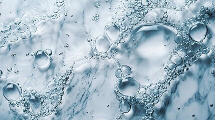 A top view of clear water drops falling on a marble surface, creating delicate ripples with a subtle marble texture underneath