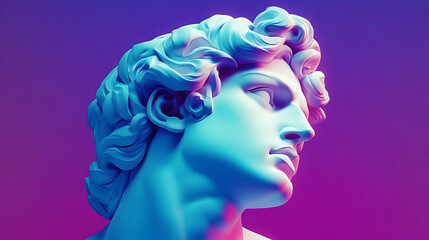 Close-up of a white marble sculpture of a man's head against a purple background.