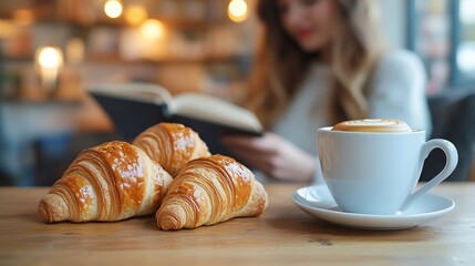 Selective focus on fresh croissants and cup with coffee on wooden table against blurred background with woman reading book Tasty breakfast in kitchen spending free time at cozy home : Generative AI
