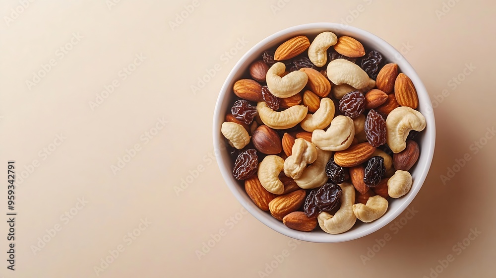 Poster the mix of various nuts and raisins in a white bowl on a beige background : generative ai