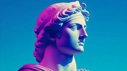 Closeup of a white marble statue of a man's head with a blue and purple neon gradient light effect.