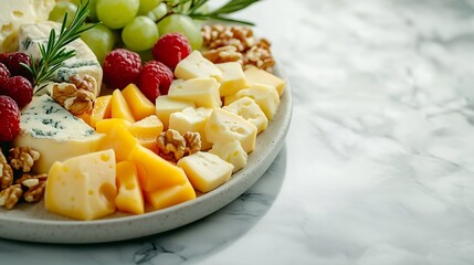 Cheese plate with different types of cheese fruits nuts on a light background : Generative AI
