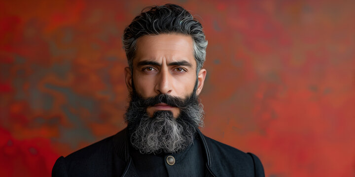 Muslim man with gray beard standing on red background