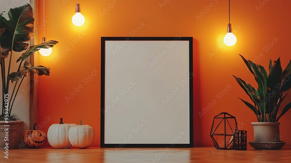 Leinwandbilder white empty frame in orange solid color studio scene white lights halloween background product displ