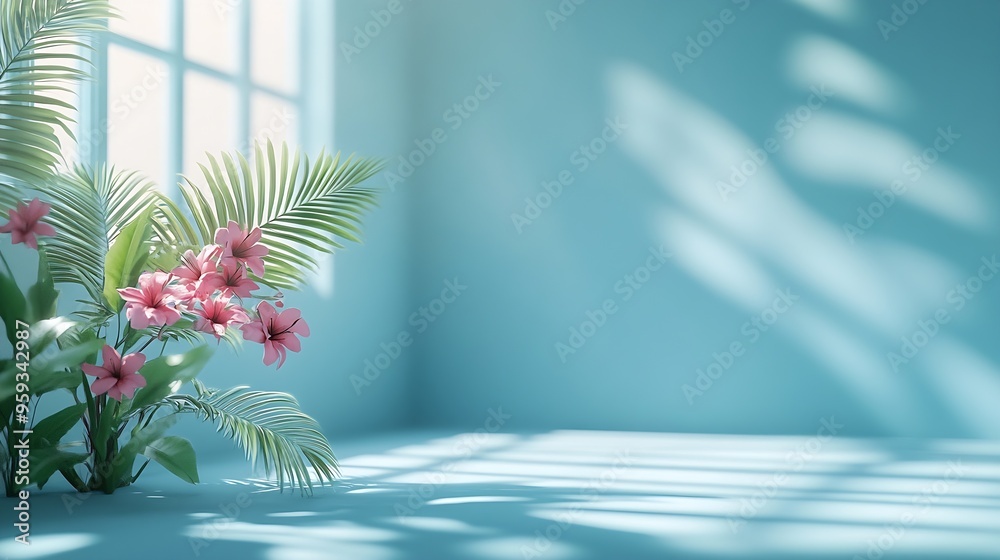 Leinwandbilder Abstract blue color gradient studio background for product presentation Empty room with shadows of window and flowers and palm leaves  3d room with copy space Summer concert Blurred ba : Generative AI