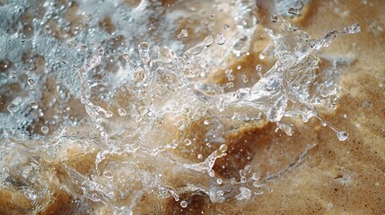 Obraz premium A top view of water drops splashing on a sandy surface, forming delicate ripples and small splashes with a natural texture