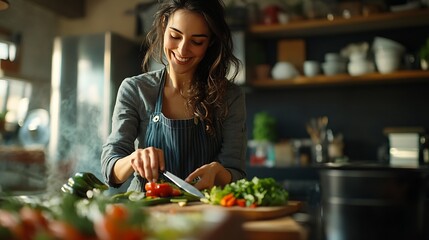 Smiling mature dreamy woman stand at table cutting fresh vegetables for salad looking away smile planning dinner menu use healthy ingredients enjoy cooking process in modern kitchen Cu : Generative AI