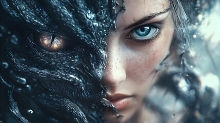 Close-up of a woman's face with a monstrous eye covering half of her face, creating a surreal and mystical effect.