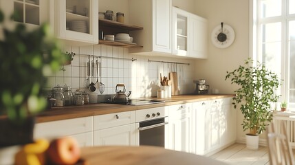 Fototapeta premium Interior of white wooden kitchen in a spacious apartment in light colors : Generative AI
