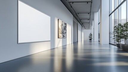 Modern Gallery Interior with Long and Wide Blank White Display Board  Mockup Background of a WallMounted Screen for Corporate and Professional Presentations : Generative AI