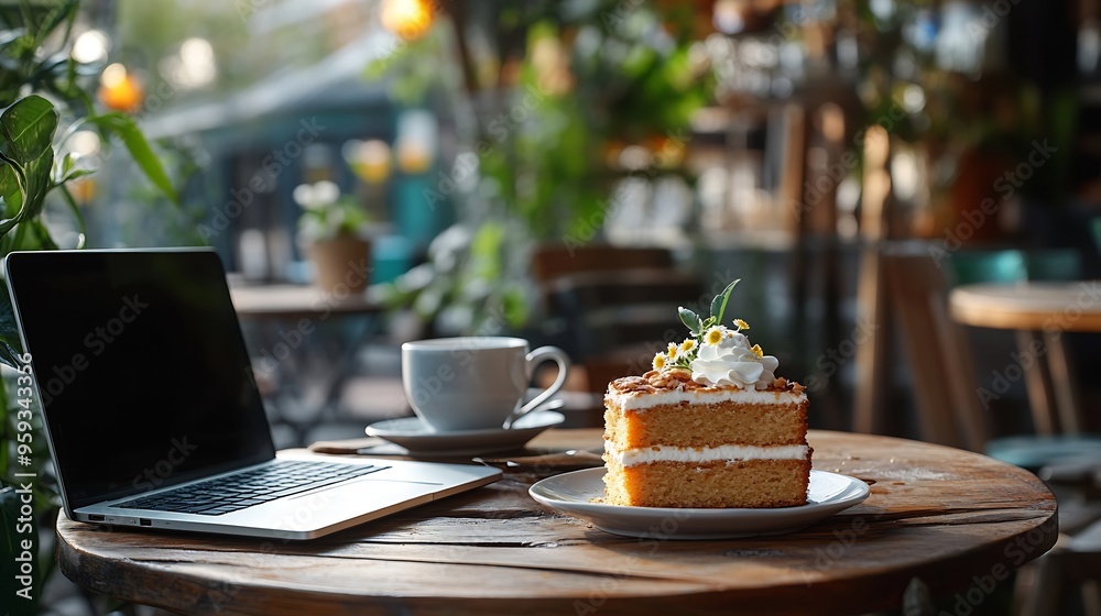 Poster Photos of macadamia cake with chamomile tea on a coffee shop garden table with a notebook computer next to it : Generative AI