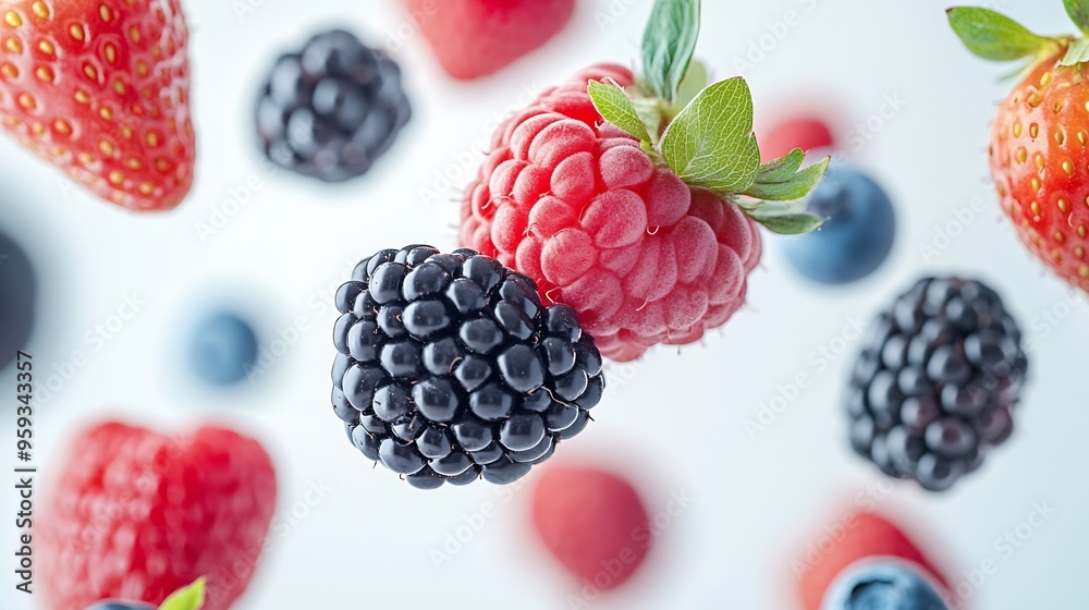 Poster fresh mix berries fruit with red raspberry strawberry blackberry and blueberry flying in the air iso