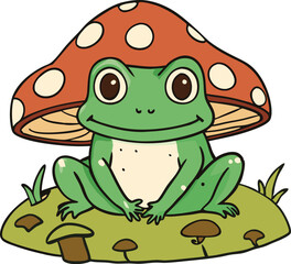 Hand drawn Cottagecore Aesthetic Goblincore Frog sitting on Mushroom, Cottage core style frog