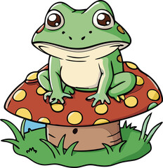 Hand drawn Cottagecore Aesthetic Goblincore Frog sitting on Mushroom, Cottage core style frog