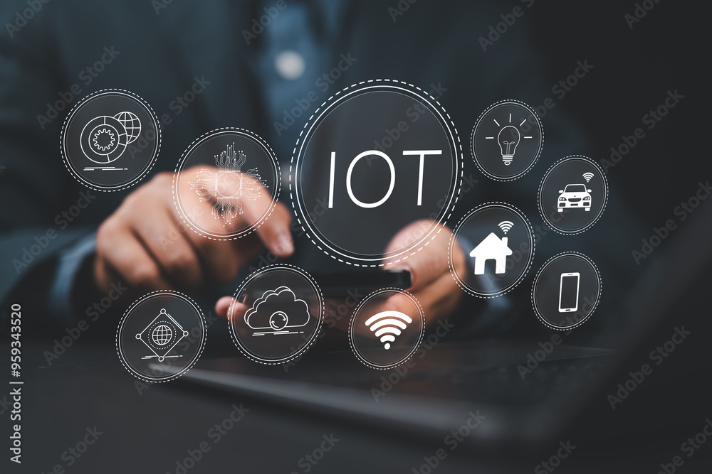 Poster Smart business IOT, internet of things concept. Businessman use laptop with virtual IOT icon for connecting to internet to access AI artificial intelligence and business analysis