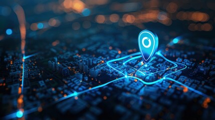 Blue glowing location pin on digital map of a city at night. Concept of GPS navigation, location tracking, and urban planning.