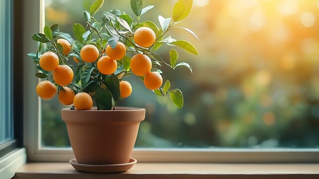 Tangerine tree with fruits in terracotta pot at home Decorative Calamondin citrus houseplant on windowsill Indoor gardening concept Citrus plant for interior Soft focus : Generative AI