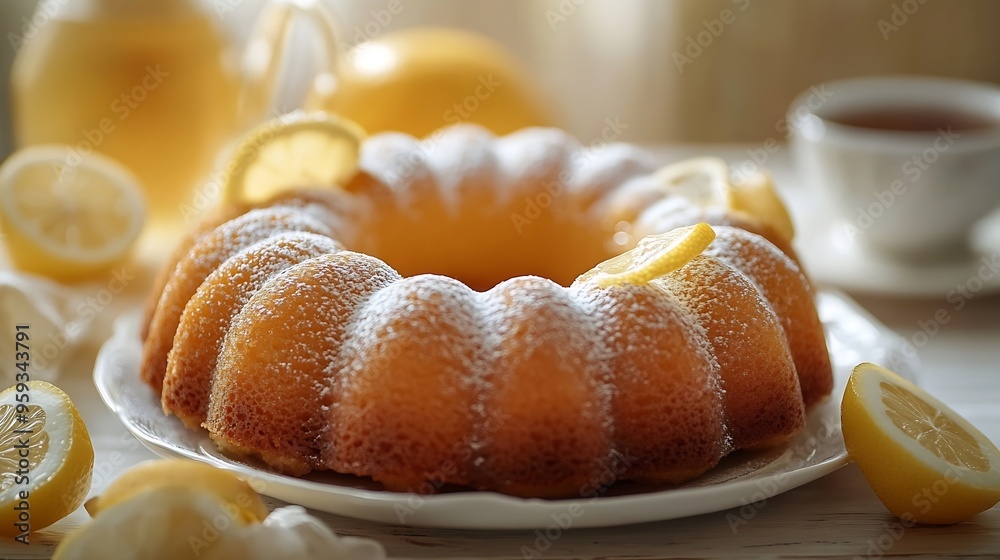 Poster homemade lemon cake in the form of a ring soaked with lemon syrup and cup of tea or coffee on white 
