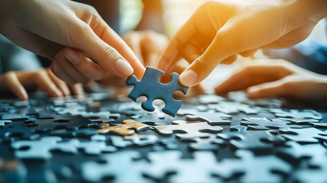 Close-up of hands putting the final piece of a puzzle together.