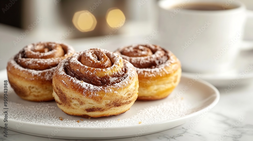 Aufkleber freshly baked cinnamon roll with spices and cocoa filling and coffee or cappuccino on white serving 