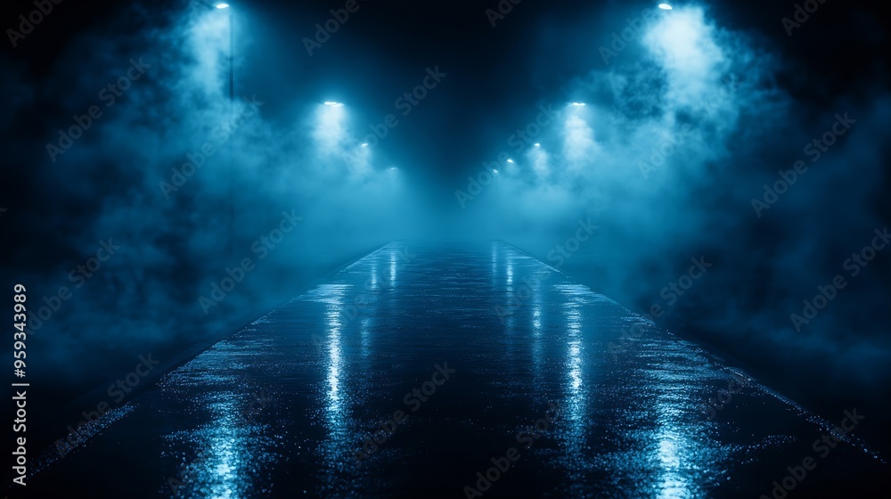 Poster dark street wet asphalt reflections of rays in the water abstract dark blue background smoke smog em