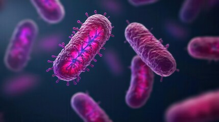 Artistic interpretation of binary fission in bacteria, asexual reproduction, microbial development