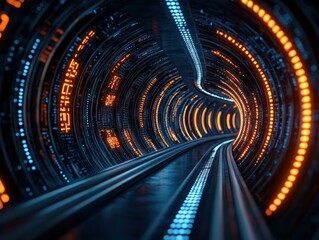 High-Speed Data Transmission Through a Futuristic Tunnel of Binary Code Representing Advanced Connectivity and Speed