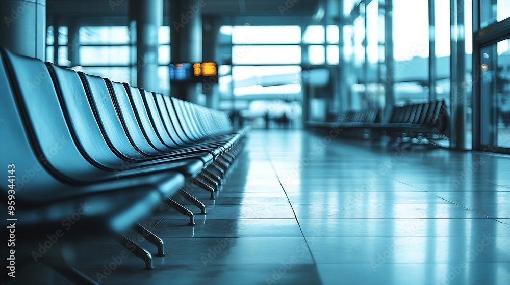 Poster Row of chairs at airport lounge airport lobby with no one and have windows at the back of image Seats for tourist are waiting for boarding flight at the gate : Generative AI