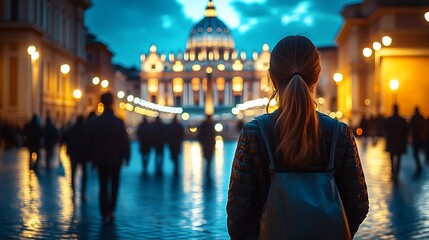 female tourist posing among blurry people walking at night on a street in front of the vatican in rome  travel concept : Generative AI