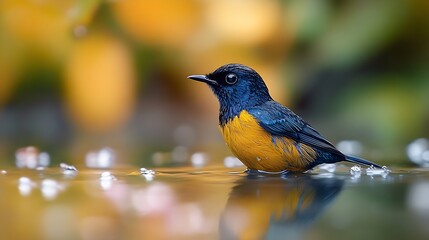 Fototapeta premium Masked Flowerpiercer Diglossa cyanea mirroring in the water Widespread in the Andes from Venezuela to Bolivia usually above 2000 m Feeds on fruit nectar and insects : Generative AI