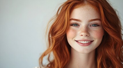 One beautiful young redhaired girl smiling posing isolated over grey studio background Looks delightful Concept of natural beauty body and skin care health spa wellness cosmetics ad : Generative AI