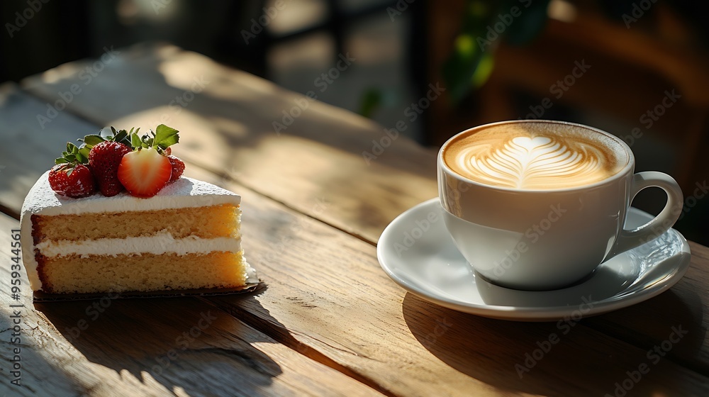 Poster cup of latte coffee stand on a wooden table near on the table lie sweets cake : generative ai
