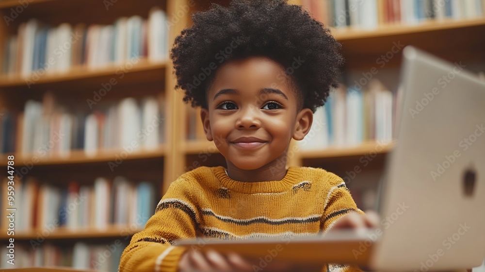 Poster Talented Small African American Boy Using a Laptop Computer in Class Portrait of a Happy Elementary School Student Studying Hard Learning New Things Getting Modern Education Online : Generative AI