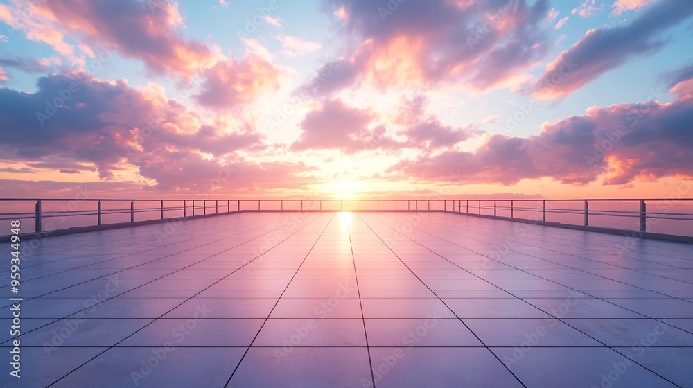 Poster Empty square floor and bridge with sky cloud background at sunset : Generative AI