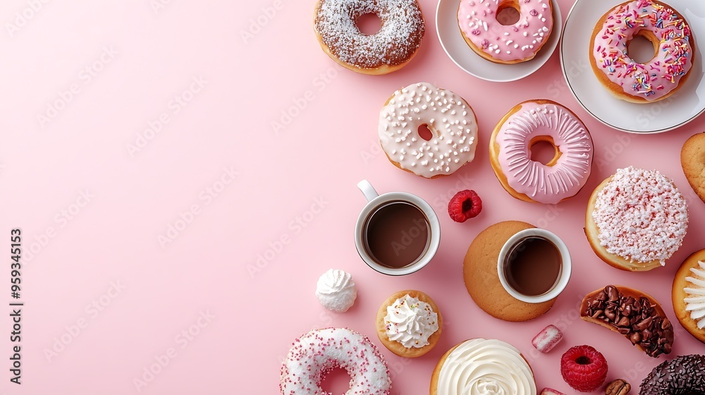 Poster table with various cookies donuts cakes cheesecakes and coffee cups on pink background delicious des