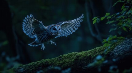 Fototapeta premium Owl landing silently on a moss-covered log, dark forest background, subtle motion blur, midnight scene, wildlife photography, natural habitat