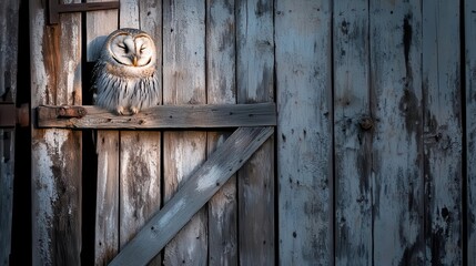 Owl resting on a weathered barn door, moonlight casting shadows on the wood, blending rustic charm with wildlife, peaceful night scene