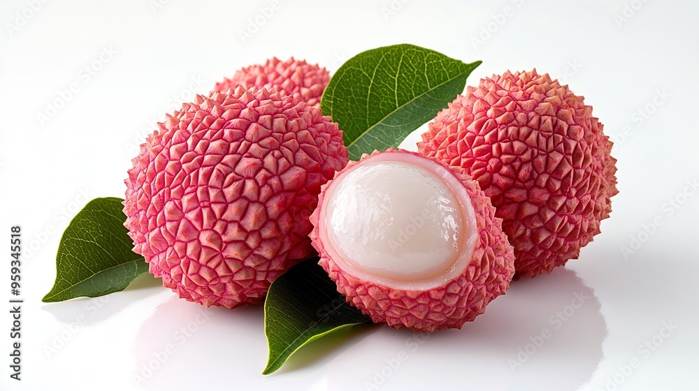 Aufkleber Isolated lychee Whole and peeled lychee fruits with leaves isolated on white background with clipping path : Generative AI