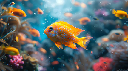 Fototapeta premium Orange Fish Swimming in Blue Water with Coral Reef Illustration