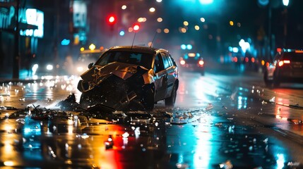 A wrecked car sits in the middle of a street at night, surrounded by broken glass and a puddle of water reflecting the city lights.