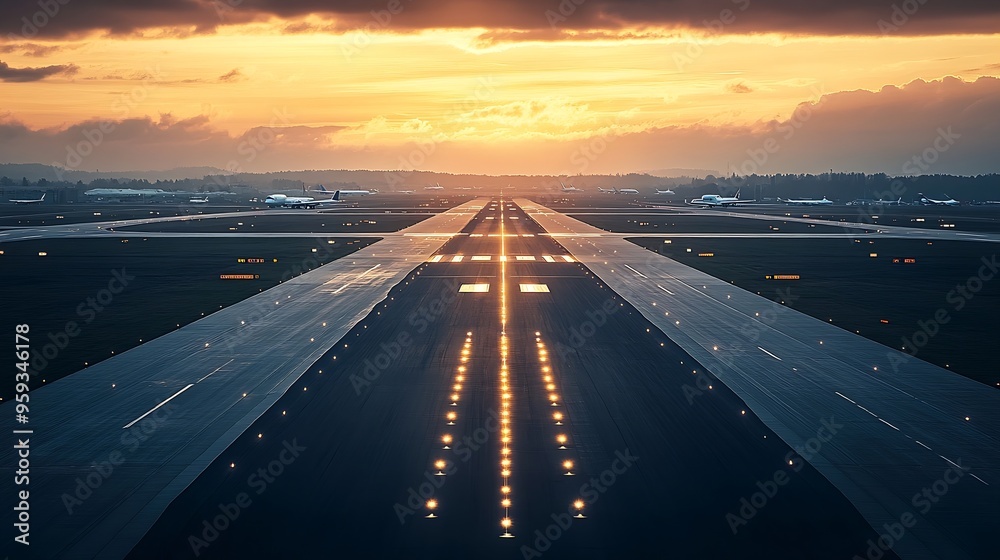 Poster View of runway at the airport and a few planes standing : Generative AI