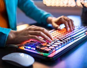 A close-up of hands typing on a mechanical keyboard, with colorful keycaps and a mouse besid