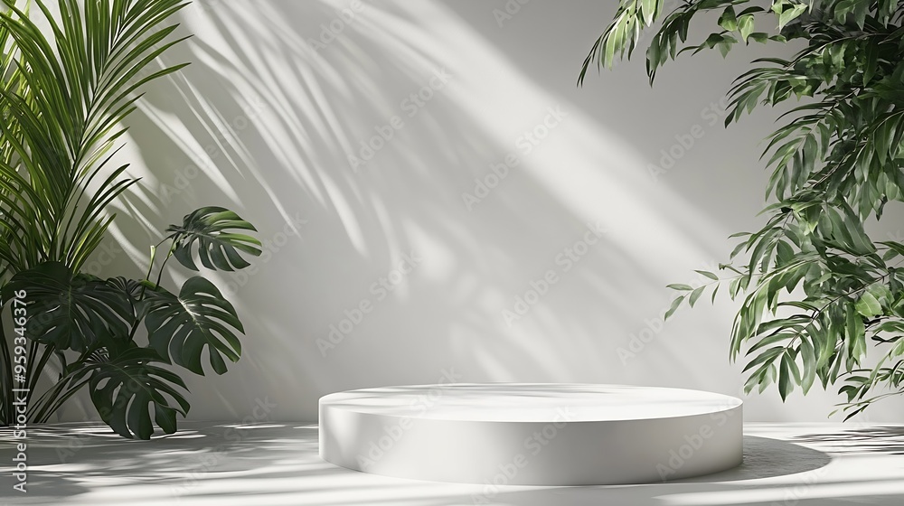 Aufkleber White Wall Studio BackgroundEmpty Grey Room Background with Light Leaves Shadow on Table Top Surface TextureBackdrop Mockup Display Podium Design for displaying product present of Cosm : Generative AI