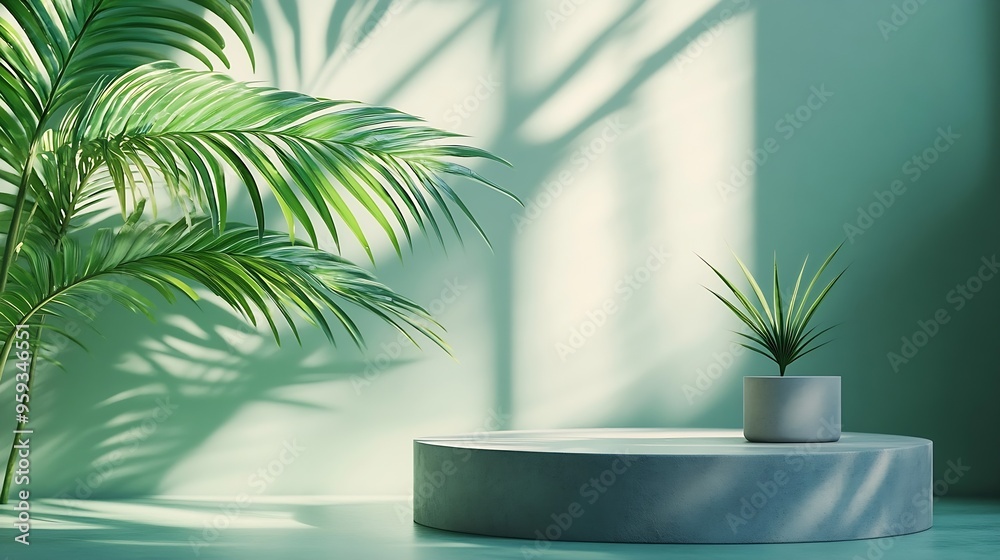 Poster Minimal abstract background for the presentation of a cosmetic product Premium podium with a shadow of tropical palm leaves on a pastel green wall and gray table Showcase display case : Generative AI