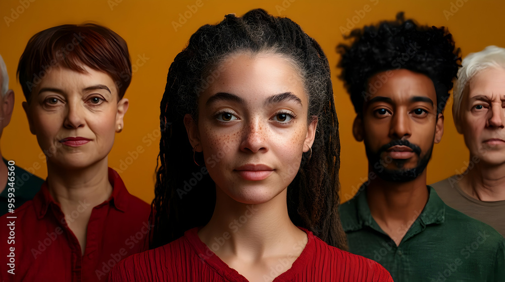 Sticker Diverse group of people looking at the camera with a yellow background.