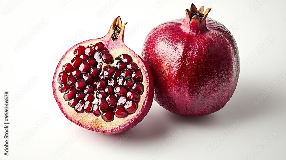Poster pomegranate with cut in half isolated on white background : generative ai