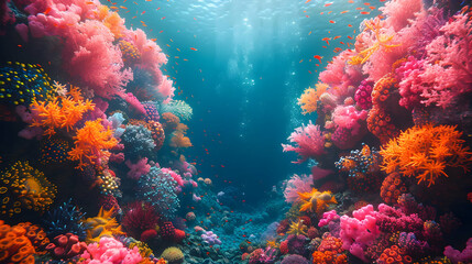 Naklejka premium Vibrant Underwater Coral Reef Scene with Fish and Sunlight