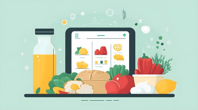 Flat design of a meal planning app with functional recipe selection and grocery list integration